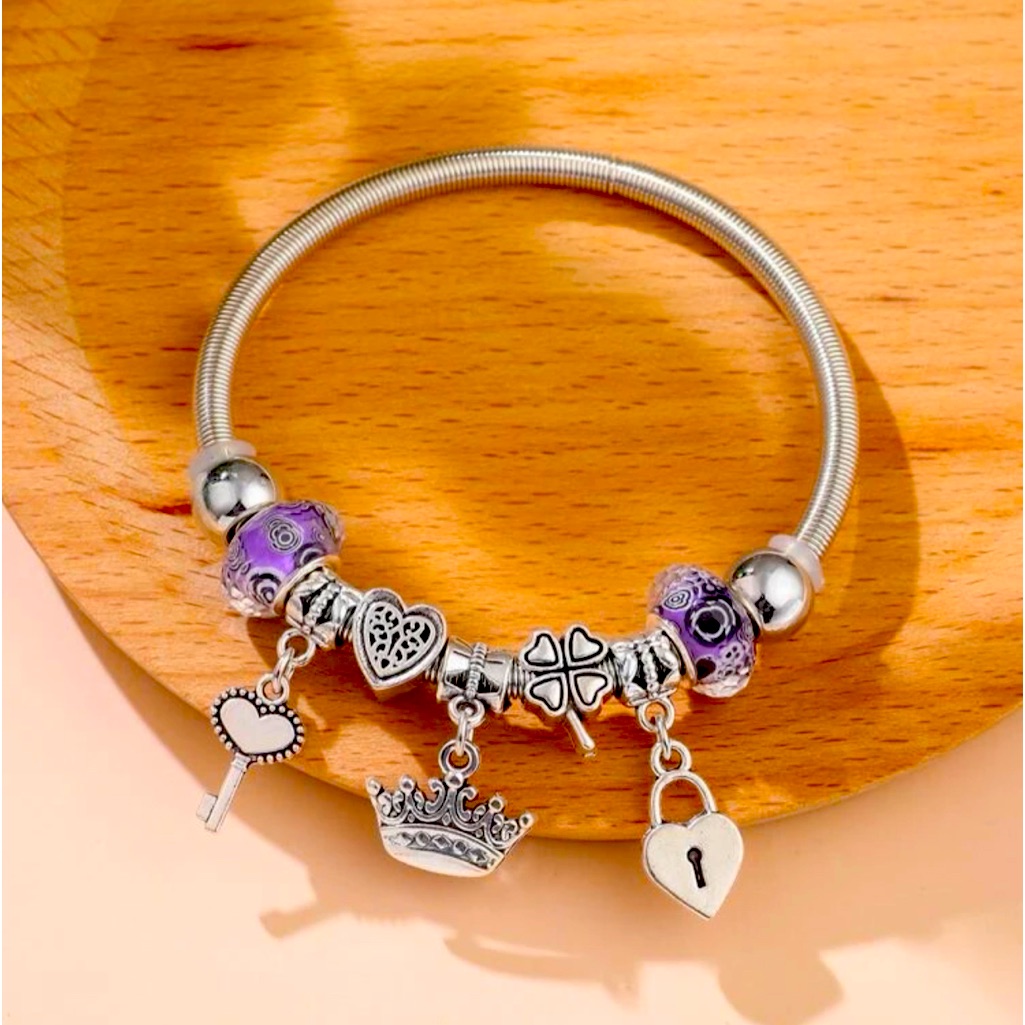 Crown Lock Key Charm Stretchable Silver Tone Bangle